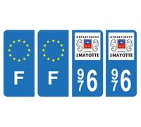 HADEXIA Lot 4 Autocollants Plaque d'immatriculation Auto Voiture 976 Mayotte & F France Europe
