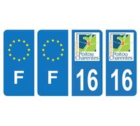 HADEXIA Lot 4 Autocollants Plaque d'immatriculation département 16 Charente Ancienne Région Poitou Charentes & F France Europe
