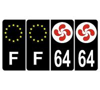 HADEXIA Lot de 4 Autocollant Sticker Plaque d’immatriculation 64 Logo Croix Basque Noir Logo Couleur & F Europe