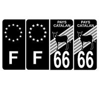 HADEXIA Lot de 4 Autocollant Sticker Plaque d’immatriculation 66 Logo Blason Pays Catalan Logo Ane Noir & F Europe