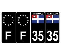 HADEXIA Lot de 4 Autocollant Sticker Plaque d'immatriculation Voiture 35 Saint Malo Noir Logo Couleur & F Europe
