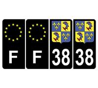 HADEXIA Lot de 4 Autocollant Sticker Plaque d'immatriculation Voiture 38 Blason du Dauphiné Noir Logo Couleur & F Europe