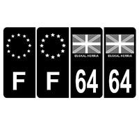 HADEXIA Lot de 4 Autocollant Sticker Plaque d'immatriculation Voiture 64 Euskal Herria Pays Basque Noir & F Europe