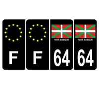 HADEXIA Lot de 4 Autocollant Sticker Plaque d'immatriculation Voiture 64 Pays Basque Noir Logo Couleur & F Europe