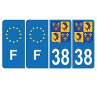 HADEXIA Lot de 4 Autocollants Plaque d'immatriculation 38 Blason du Dauphiné & F Europe