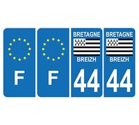 HADEXIA Lot de 4 Autocollants Plaque d'immatriculation 44 Bretagne Breizh & F Europe