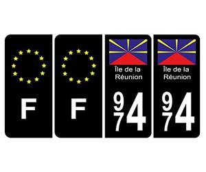 HADEXIA Lot de 4 Autocollants Plaque d'immatriculation 974 Ile Réunion BIS Noir C & F