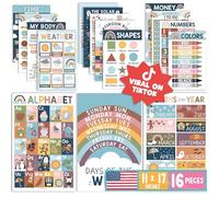 Hadley Designs 16 affiches éducatives pour enfants en préscolaire et à la maternelle, laminées, alphabet, chiffres, couleurs, formes, jours de la semaine, décoration bohème, 1 à 3 ans (anglais)
