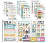 Hadley Designs 16 affiches éducatives pour les tout-petits 1-3, Laminated Toddler Learning Posters for Preschool & Kindergarten, ABC Chart, Numbers, Colors, Shapes, Days of The Week, Boho Classroom