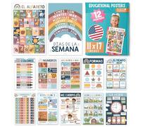 Hadley Designs Décorations de salle de spagnole - 12 affiches espagnoles pour salle de classe élémentaire, Abecedario para Niños en Español, affiches éducatives bilingues bohèmes laminées 28 x