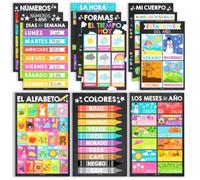 Hadley Designs Lot de 12 affiches espagnoles colorées pour décorations de salle de classe pour enseignants préscolaires - Élémentaire, apprentissage de l'espagnol pour enfants, apprentissage bilingue