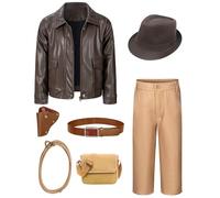 HADOLLWELL Costume d'aventurier pour garçons - Vestes en cuir et pantalon d'archéologue explorateur pour garçons - Kit d'Halloween et de costumade - 7 à 8 ans, marron