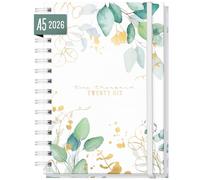Häfft® Calendrier international 2026 A5 "Feuille d´or" avec reliure spirale en langues : EN/FR/IT/ES - agenda personnel, timer, life planner - durable & respectueux du climat