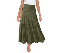 HAEOF Jupe longue d'été fluide et fluide pour femme - Taille smockée - Volants - Coupe trapèze - Style décontracté - Pour la plage - Robe midi, Vert kaki, Taille XL