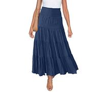 HAEOF Jupe longue d'été fluide et fluide pour femme - Taille smockée - Volants - Coupe trapèze - Style décontracté - Pour la plage - Robe midi, bleu marine, Taille XS