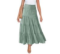 HAEOF Jupe longue d'été fluide et fluide pour femme - Taille smockée - Volants - Coupe trapèze - Style décontracté - Pour la plage - Robe midi, vert clair, Taille XL
