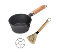 HAFRILY Lot de 3 accessoires de barbecue comprenant une serpillère à sauce en bois et un pot à sauce en fonte avec grille pour barbecue, grill, steak, poêle à badigeonner