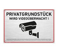 HAGEFOL® Panneau de vidéosurveillance (30 x 20 cm - grand) avec avertissement DSGVO et 4 trous de perçage pour caméra de surveillance ou caméra factice (aluminium brossé)
