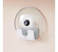 HAGJII Fixation Murale Support Couvercle Casserole Avec Crochet Cuisine Organiseur De Couvercle Avec Bac D'égouttage, Pas Besoin De Percer Fixation Adhésive, Porte Couvercle(Gray)