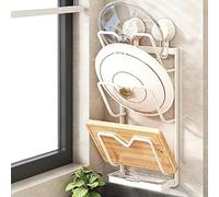 HAGJII Ventouse Porte Couvercle Sans Perçage Mur/Porte D'armoire Support Couvercle Casserole, Métal Inoxydable Organiseur De Couvercle Avec Bac D'égouttage Pour Cuisine(Blanc,3rd floor)