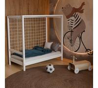 HAGO 24 | Lit enfant but de football | Blanc | Lit pour adolescent | Lit simple | 70 x 140 cm | Pin | Sommier à lattes | Filet de but | Cadre en bois | Lit de jeu | Lit de football | Lit de jeu