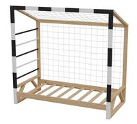 HAGO 24 - Lit enfant but de football - Pin - 80 x 160 cm - Filet de but - Barres d'escalade - Sommier à lattes - Cadre en bois - Lit de baby-foot - Noir et blanc - Charge maximale : 80 kg