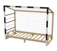 HAGO 24 - Lit enfant but de football - Pin - 90 x 200 cm - Filet de but - Barres d'escalade - Sommier à lattes - Cadre en bois - Lit de baby-foot - Noir et blanc - Charge maximale : 100 kg