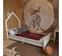HAGO 24 - Lit pour enfant en forme de maison - 90 x 200 cm - En pin massif - Sommier à lattes - Lit de jeu - Protection anti-chute - Lit simple - Blanc - Toit - Chambre d'enfant