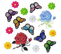 Hagsnec Lot de 16 écussons à broder en fer à repasser Motif fleurs et papillons Pour travaux manuels, loisirs créatifs, décoration, vêtements