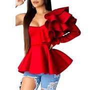 HAHAEMMA Blouses tuniques pour femme élégante été épaules dénudées chic volants hauts tube top manches longues péplum moulant slim fit sexy t-shirt cocktail soirée, rouge, M