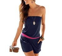 HAHAEMMA Combishort sans bretelles pour femmes, épaules nues, look sexy d’été, pour la plage - Bleu - Taille S