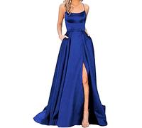 HAHAEMMA - Élégante robe longue pour femme, avec poches, en satin, ligne A, dos nu, robe de soirée, de mariage, sexy, avec lien au cou, de princesse, demoiselle d'honneur, Bleu royal., S