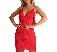 HAHAEMMA - Robe à franges - Dos nu - Style des années 1920 - Avec support - Great Gatsby Cocotail - Robe de fête - Robe à franges pour carnaval - Costume - Pour femmes, V-rouge, XL
