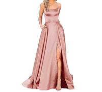Hahaemma Robe Longue Élégante en Satin pour Femme - Ligne A, Dos Nu, Avec Poches - Parfait Comme Spaghetti, Princesse, Demoiselle d'Honneur - Rose, XS