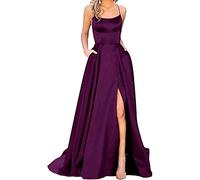 Hahaemma Robe Longue Élégante en Satin pour Femme - Ligne A, Dos Nu, Avec Poches - Parfait Comme Spaghetti, Princesse, Demoiselle d'Honneur - Violet, S