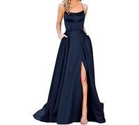 Hahaemma Robe Longue Élégante pour Femme - Satin, Ligne A, Dos Nu, avec Poches - Parfait comme Spaghetti, Princesse, Demoiselle d'Honneur - Bleu Foncé, XXL