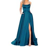 Hahaemma Robe longue et élégante pour femme avec poches, en satin, ligne A, dos nu - Parfait comme robe spaghetti, robe longue, robe de princesse, robe de demoiselle d'honneur, Bleu-1, XXL