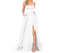 Hahaemma Robe longue et élégante pour femme avec poches, en satin, ligne A, dos nu - Parfait comme robe spaghetti, robe longue, robe de princesse, robe de demoiselle d'honneur, Blanc., M