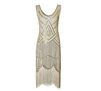 HAHAEMMA - Robe - Style des années 1920 - Pour femmes - Motif : paon - Garçonne - Charleston - Gatsby - Paillettes - Ourlet à pompons - Pour cocktail et bal des finissants, beige, XXXXL