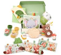hahaland Coffret Naissance Bébé, Cadeau Nouveau-né 0-6 Mois | avec Couverture d’Emmaillotage, Hochets Bébé, Livre d’Éveil Sensoriel et Carte Étapes en Bois,Cadeau Bébé 3 6 9 12 Mois