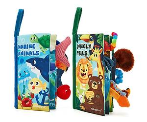 hahaland Jouet de Livre Tissu pour Bébé 0 3 6 Mois Jouet Poussette pour Bébé 8 9 Mois Livre Suspendre Set Doux Froissé Convient pour Un Cadeau de Naissance Fille Garçon, 2PCS