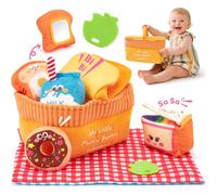 hahaland Jouets BéBé 6 à 12 Mois Peluche Sensorielle Pique-Nique - Jouet Eveil Bebe Voyage Doux Lavable Avec Anneau Dentition Sans BPA, Hochets, Miroir Montessori Cadeau Enfant 1+ an