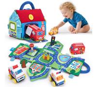 hahaland Jouets Bébé 6 Mois - Mon Premier Jouet Véhicule en Peluche, Jouet Sensoriel Montessori 9pcs, Tapis de Jeu 2-en-1 et Grange, Jouets Éducatifs pour Bébé 1 an, Cadeau Bebe 6-12 Mois Garçon Fille
