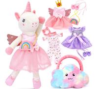 hahaland Licorne Peluche pour Filles 3-6 Ans, Jouets Licorne Peluche à Habiller Style Ballet Enfants, 3 Ensembles de Vêtements & 1 Sac en Fourrure, Idées Cadeaux d'Anniversaire pour Filles 3 4 5 6 Ans