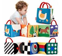 hahaland Livre Tissu Bébé Eveil 0 3 6 Mois, Jouet Suspendre avec Noir et Blanc pour Poussettes, Livre Doux Froissé avec des Animaux Cadeau de Naissance pour Tout-Petit Garçon Fille