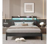 HAHRIR Cadre de lit de 140 x 200 cm avec tête de lit rembourrée en bois avec deux étagères, station de charge, lumières LED, cadre de lit en métal robuste, pas de sommier tapissier nécessaire
