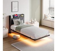 HAHRIR Cadre de lit flottant simple avec lumières LED et station de charge USB, 90 x 190 cm, cadre de lit plateforme en métal avec tête de lit capitonnée, lattes en métal robuste, sans bruit/gris