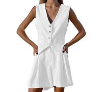 hahuha Ensemble de survêtement décontracté à coupe ajustée pour femme - Couleur unie - Coton et lin - Gilet d'été décontracté sans manches - Short de bain long (blanc, L), blanc, L