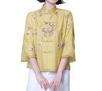 hahuha Hauts d'été habillés pour femmes, chemise en mousseline de soie, printemps/été, broderie chinoise rétro, amélioration de la robe Tang Robe de thé chinoise ancienne boutonnée pour femme, jaune