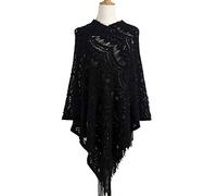 haiaxx Femmes Évider Crochet Pull Cape Pull en Tricot Châle Écharpe Gland Poncho Châle Noir